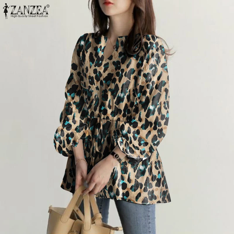 

2022 Stylish Leopard Printed Tunic Tops Women Casual Long Sleeve V Neck Chemise ZANZEA Spring Drawstring Blouse Femininas Blusas