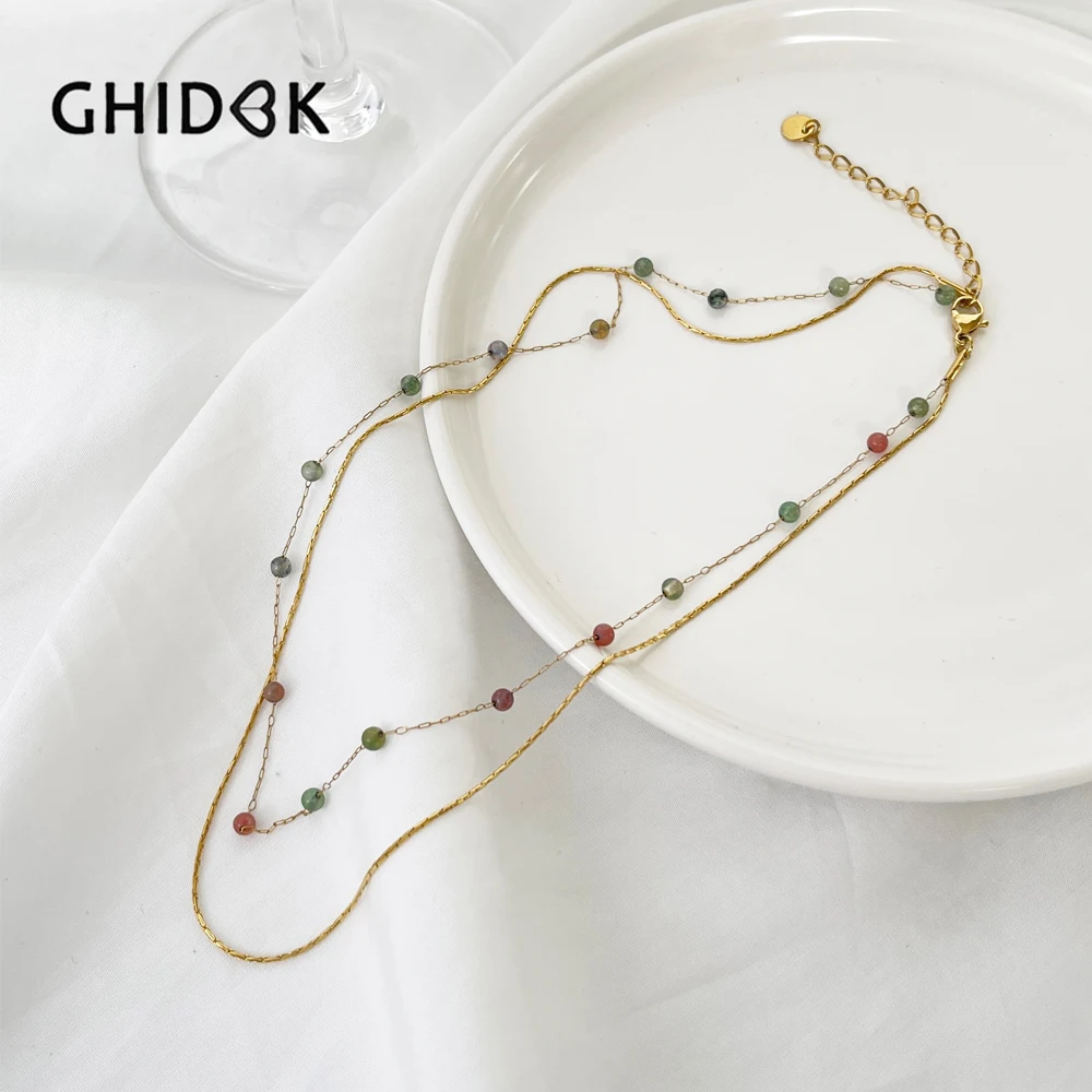 

GHIDBK Exquisite Natural Stone Beaded Double Layered Choker Necklace Stainless Steel Super Thin Snake Chain Necklaces Trend