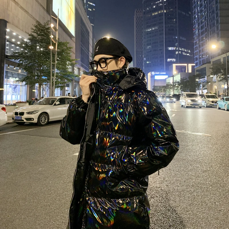 Bright Reflective Long Puffer Jacket for Men Winter Fashion Trends Teen Warm Clothing Removable Wings on Hip Hop Coat Streetwear