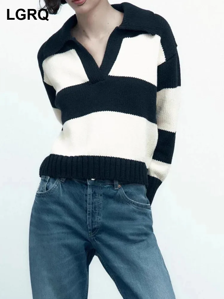 

LGRQ 2023 2023 Fashion Color Contrast Splicing Design Elegant Polo Neck Knitted Pullover Women's Casual Sweater Trendy 19Z1127