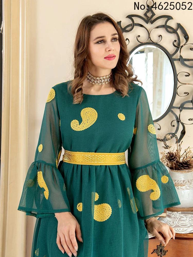 

Spring Muslim Morocco Dress Women Abaya Mesh Flare Sleeve Dubai Turkey Islam Party Long Robe Moda Musulman Djellaba Kaftan 2022