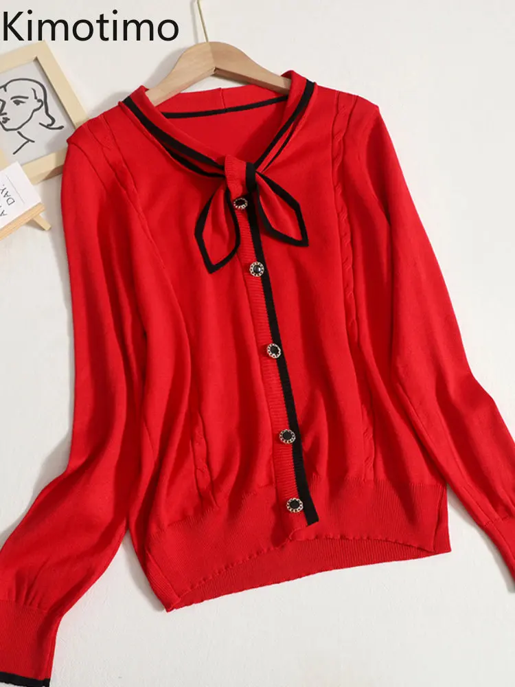 

Модные вязаные топы Kimotimo с бантом, Женский Осенний однобортный пуловер популярного цвета, корейский шикарный Повседневный тонкий свитер с ...