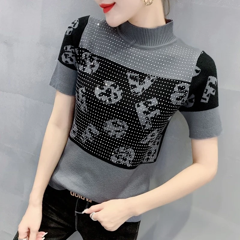 

#7501 весенне-летняя повседневная винтажная вязаная футболка, женские футболки с коротким рукавом и воротником-стойкой со стразами, Сращенны...