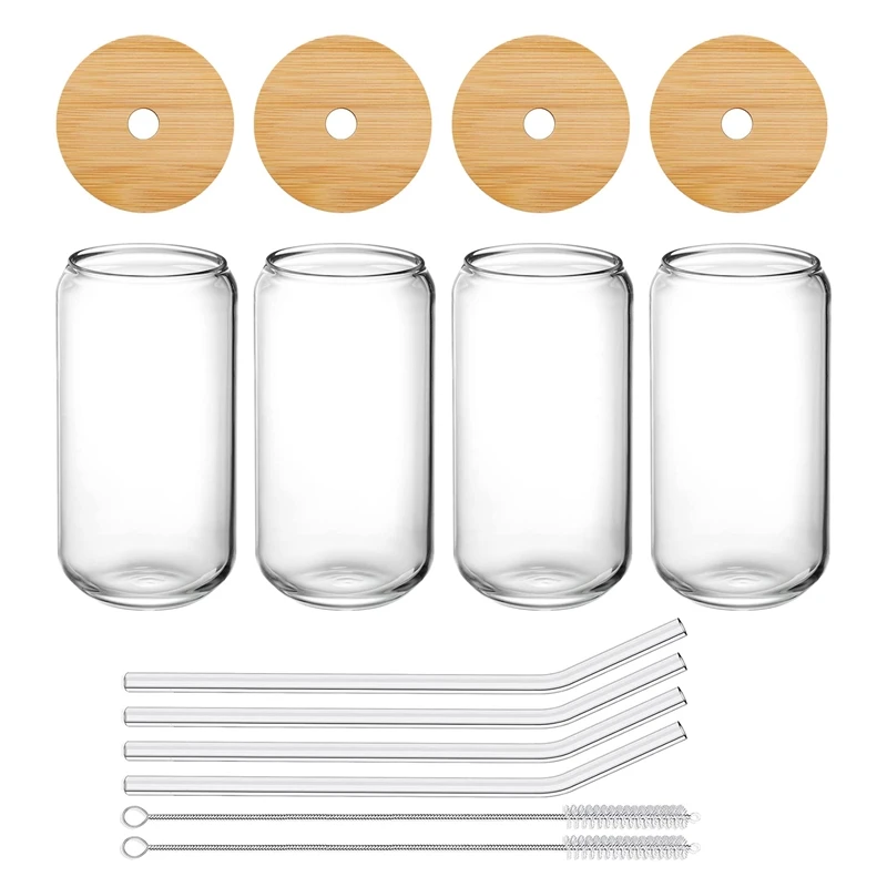 

Drinking Glasses With Bamboo Lids And Glass Straw 4Pcs Set - 16Oz Can Shaped Glass Cups,Beer Glasses,Iced Coffee Glasses