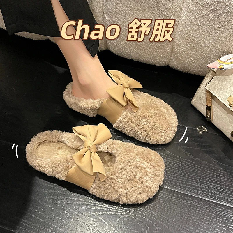 

Hairy Half Slippers for Women Wearing 2022 New Autumn and Winter Versatile Fairy Bowknot Lazy Man Baotou Slippers Heel Less