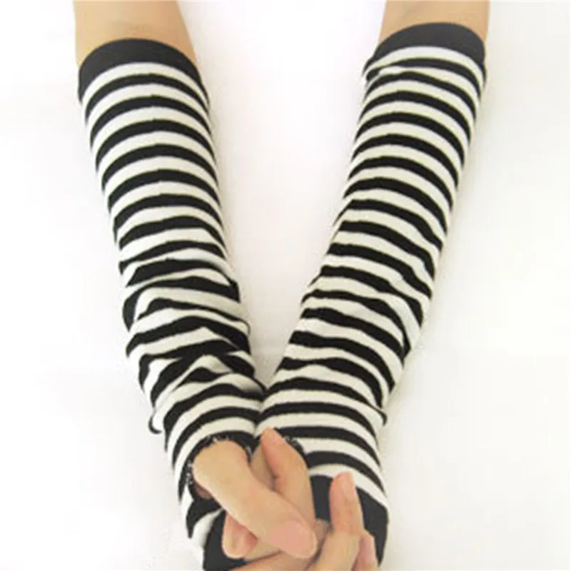 

Fashion Women Lady Striped Elbow Gloves Warmer Knitted Long Fingerless Gloves Elbow Mittens Christmas Accessories Gift