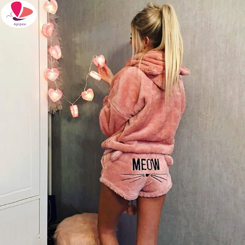 

Women Coral Velvet Suit Two Piece Autumn Winter Pajamas Warm Sleepwear Cute Cat Meow Pattern Hoodies Shorts Set 2023 New