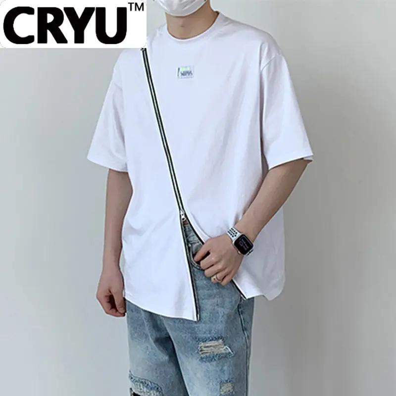

CRYU Mens Zipper Spliced High Street T-shirts Personalityed Pocket Short Sleeve Casual Male Clothing 2023 New Streertwear 9A8429
