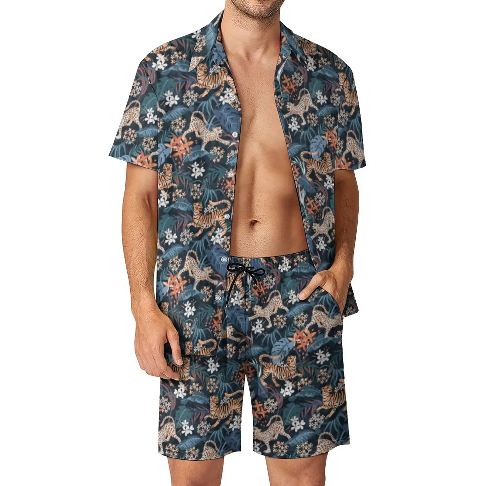 

Костюм мужской летний с шортами и графическим принтом, Гавайская Повседневная рубашка с леопардовым принтом и тигром, с изображением джунглей, с короткими рукавами, костюм для отпуска, большие размеры