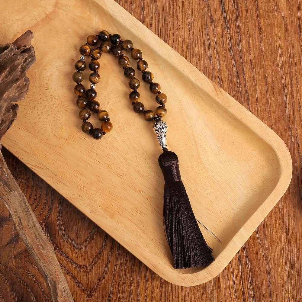 

8mm Tiger Eye 33 Beads Knotted Tasbih Prayer Beads Islamic Muslim Rosary with Tassel Jewelry
