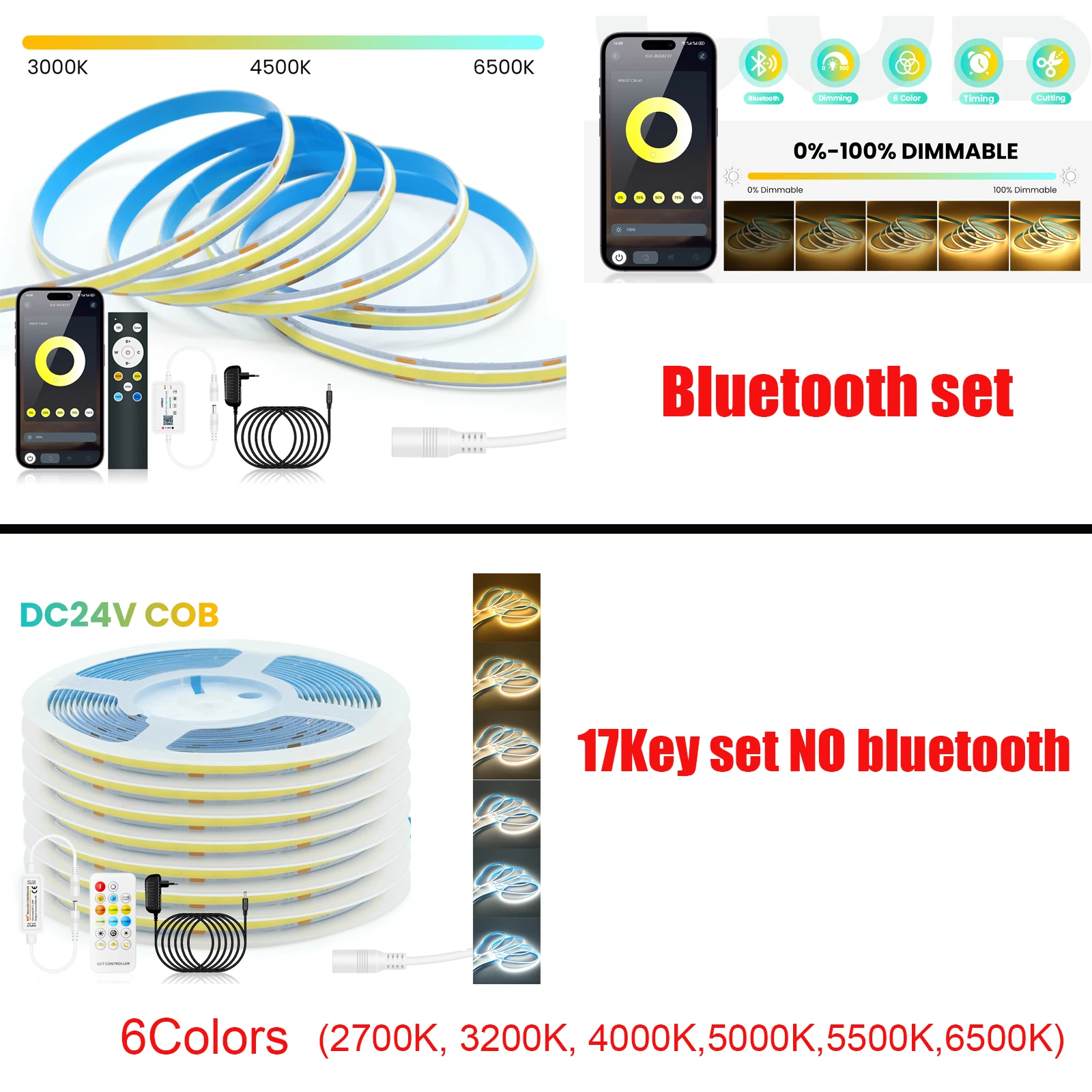 Фото DC 24V CCT COB LED Strip Kit With Power Adapter 17Key RF/Bluetooth APP Control Flexible Ribbon Light 2700K 3000K 4000K 6000K №4