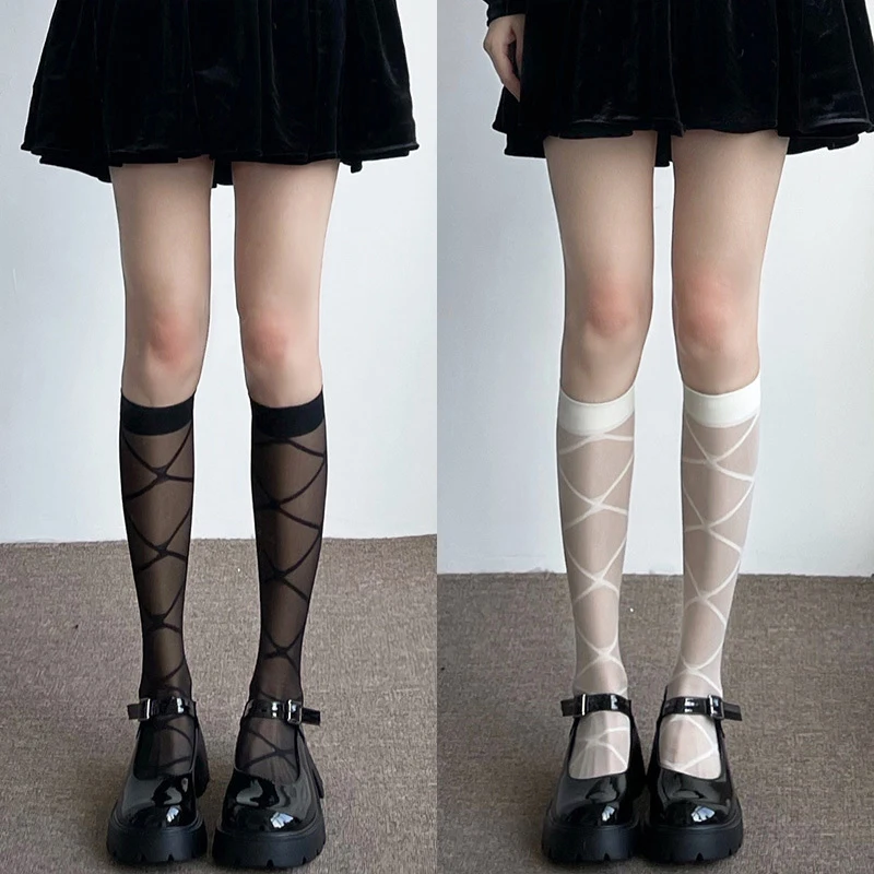 

1Pair Summer Thin Nylon Long Socks Stockings College Style JK Lolita Girls Polka Dot Diamond Plaid Lower Knee Socks Stockings