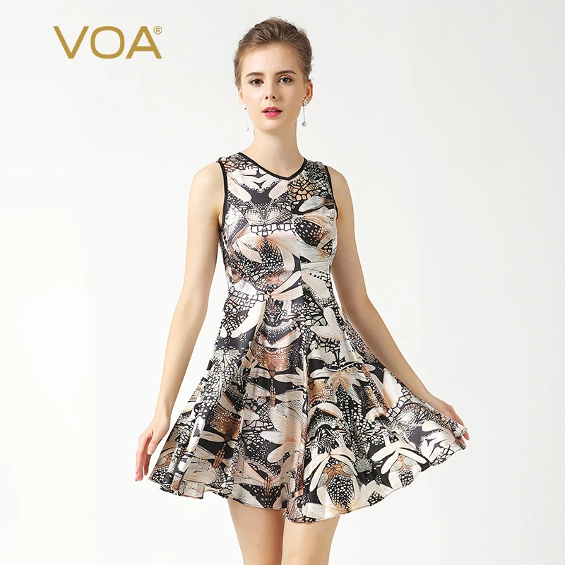 

【Bottom Price】VOA Summer Silk Casual Print Dress Women Sleeveless Vintage O-neck Sweet High Waist Sexy Beach Short Dress A0202