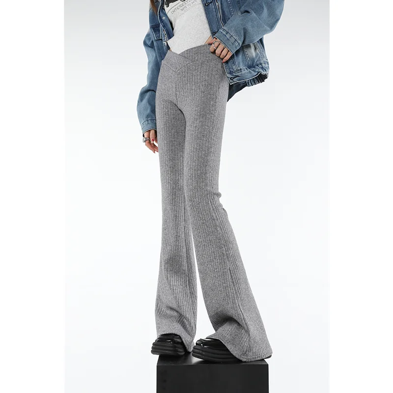 

Grey Womans Micro Flare Pants High Waist Vintage Advanced Sense Straight Trouser American Style Chic Design Baggy Black Pants