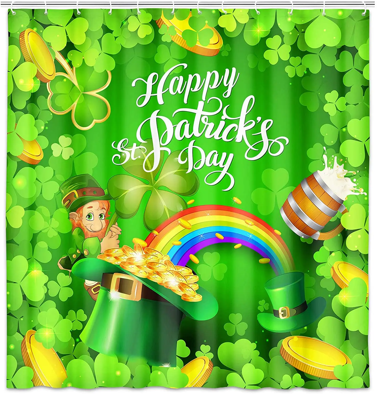 

Занавеска для душа ко Дню Св. Патрика, забавная занавеска из ткани с зелеными листьями клевера, радугой и золотыми монетами, комплект с крючками