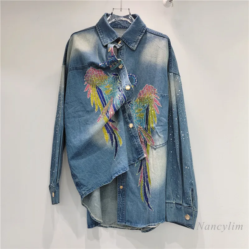 Модная женская Повседневная джинсовая рубашка с длинными рукавами и вышивкой