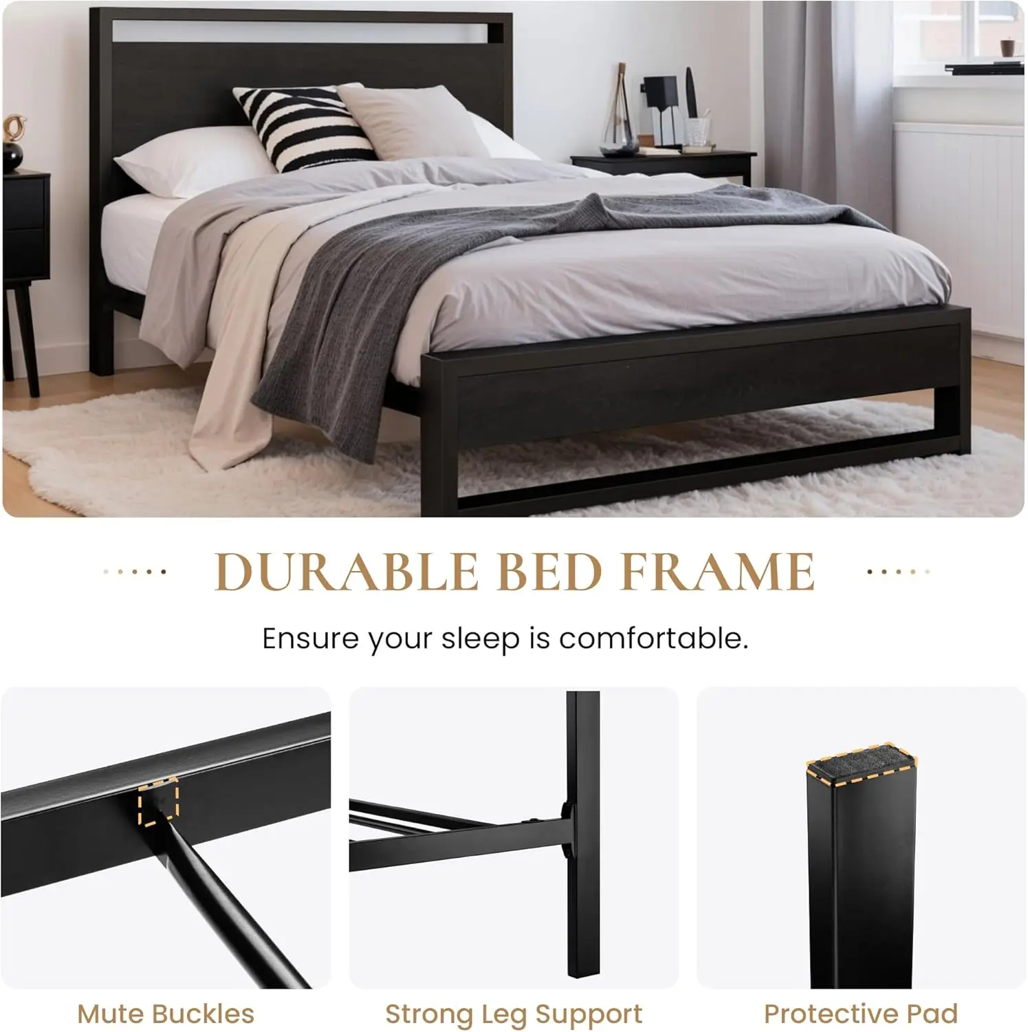 Каркас двуспальной кровати с деревянным изголовьем сверхпрочная металлическая