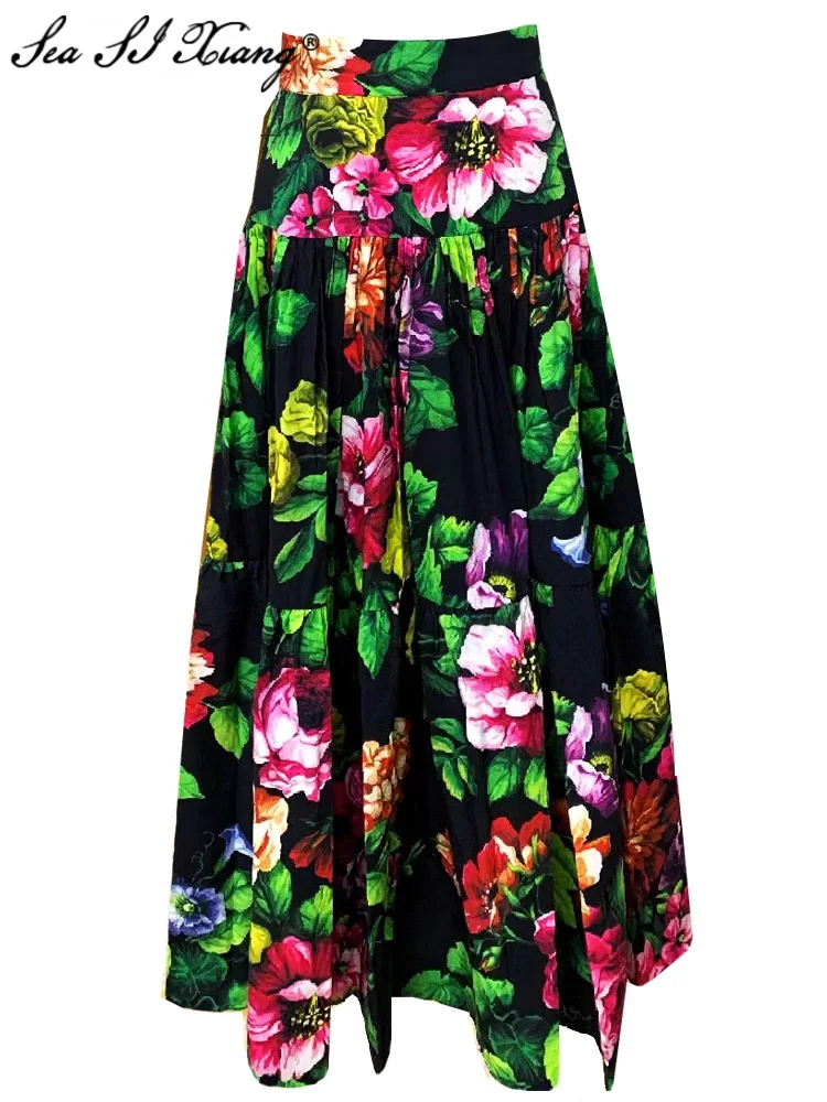 Seasixiang Fashion Designer Autumn 100% Cotton Long Skirt Women Vintage Flowers Print Sicily  High Waist A-Line Skirt