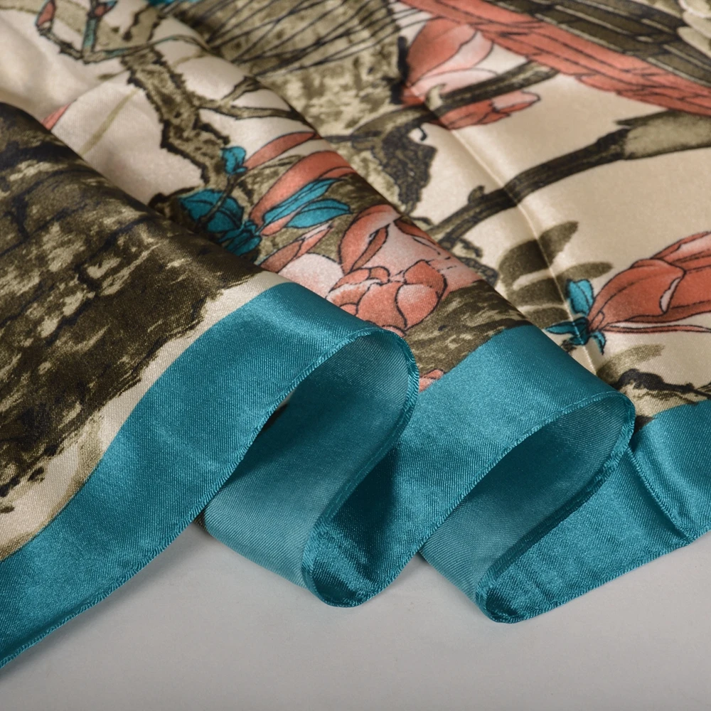 Сине-зеленая шелковая шаль BYSIFA с павлином женский шарф на шею осень и зиму летние