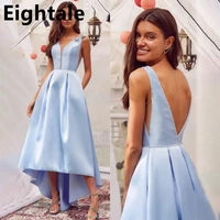 eightale light blue satin sexy double v neck evening dress for wedding party hi low simple prom gown vestidos de noche