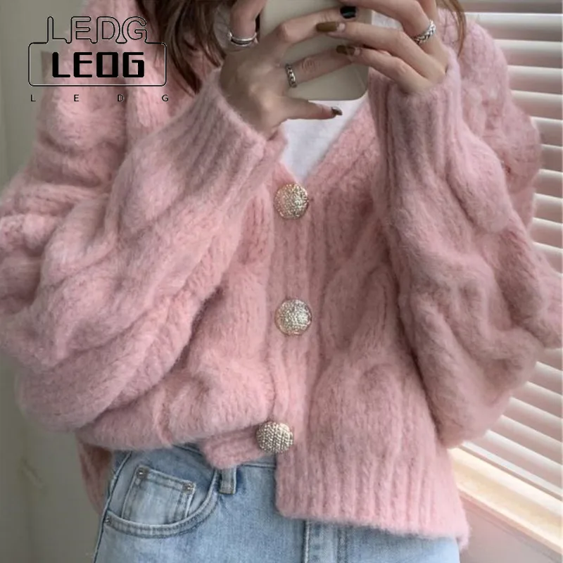 

LEDP New Sweater Coat Women's Autumn and Winter Loose V-neck Lazy Wind Thickened Warm Knitted Cardigan Solid Color Top Women