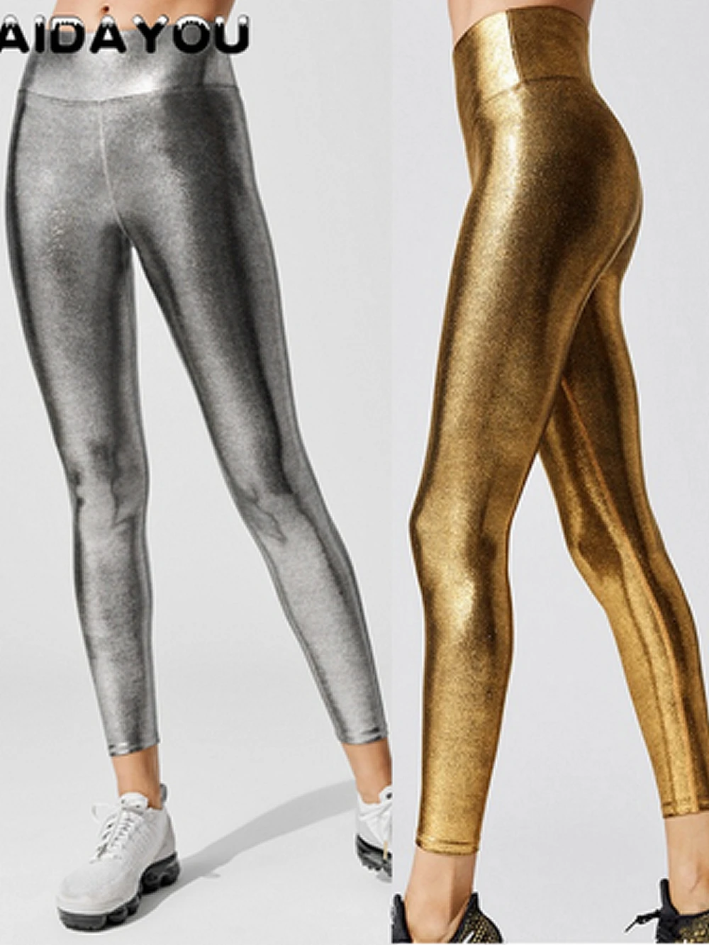 Metallic Leggings Shiny High-Waisted for Women Holiday Christmas Silver Trousers Stretchy Streetwear ouc1187