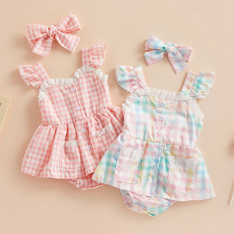

2023-04-18 Lioraitiin 0-18M Baby Girls Bodysuit Set Fly Sleeve Plaid Lace Trim A-line Dress with Headband Summer Outfit