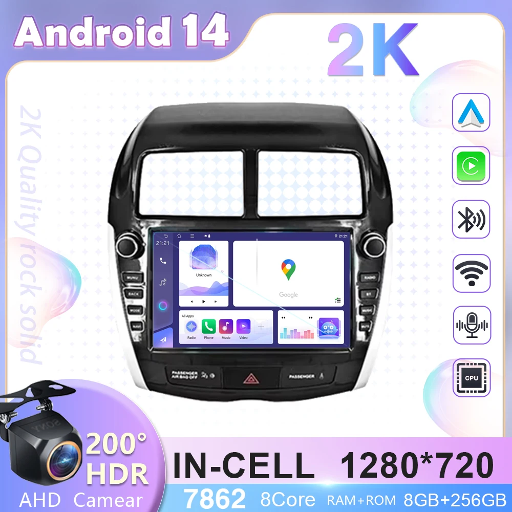 Android 14 GPS-навигация авторадио головное устройство для Mitsubishi ASX 2010-2016 Auto Carplay без 2din