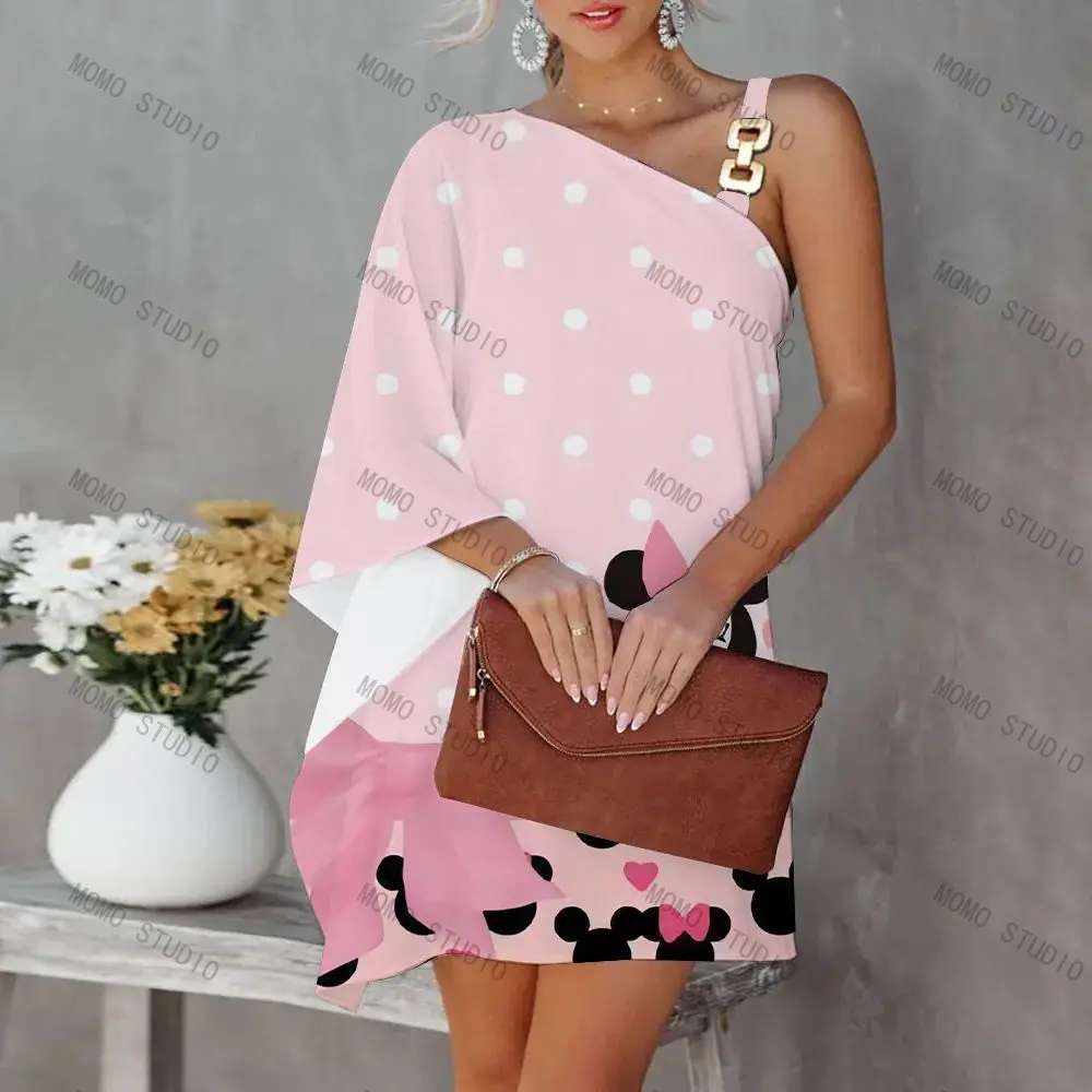 Elegant Dresses for Women Minnie Mouse Mickey One-Shoulder Diagonal Collar Disney Dress Summer Dresses Woman 2022 Offer Evening images - 6