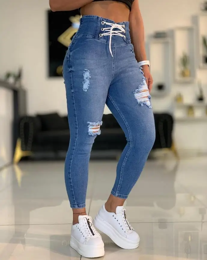 

Denim Trousers for Women 2022 Autumn Europe and America Fashion Women's Clothing Grommet Eyelet Lace-Up Ripped High Waist Jeans