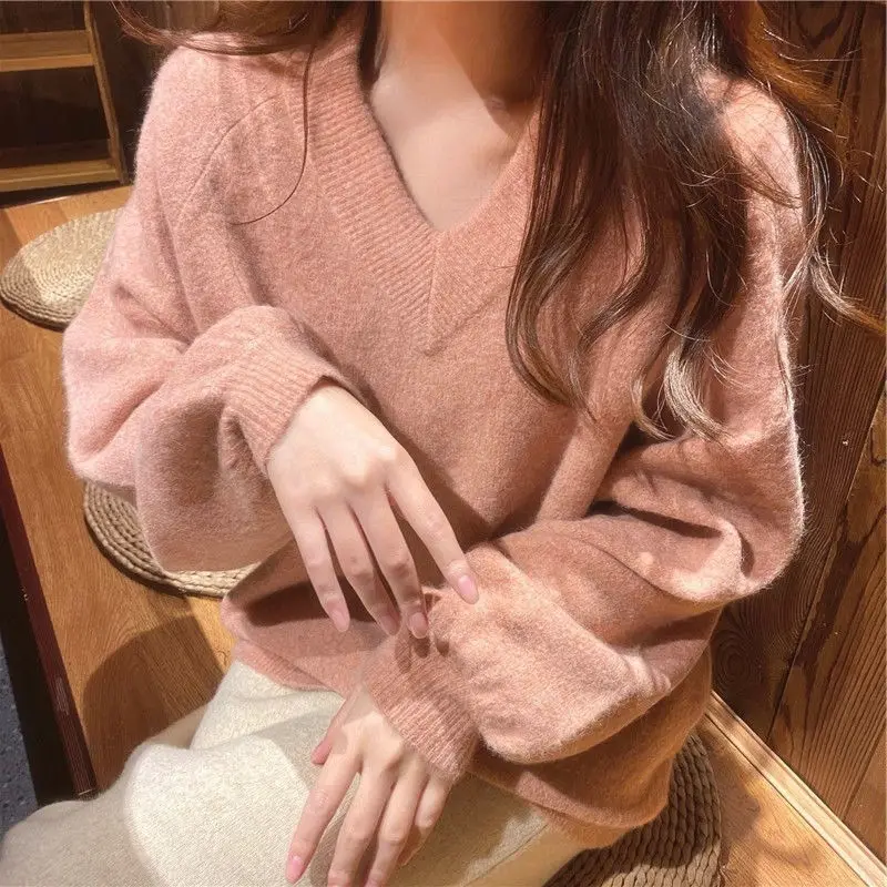 

Women's Sweater 2022 Autumn Winter Knitted Pullovers V-neck Casual Warm Loose Solid Soft Knitwear Jumpers Basic Sweaters C178