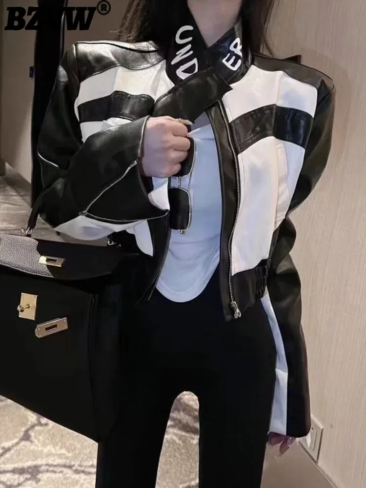 

Женская кожаная куртка BZVW с воротником-стойкой, контрастных цветов, искусственная кожа, Осень-зима 2023, новая куртка с надписью
