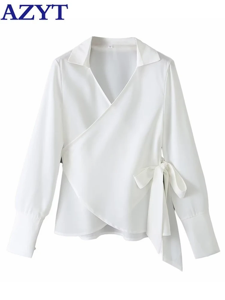 Женская блузка с отложным воротником AZYT, белая Повседневная Блузка с перекрестным поясом, шикарные женские топы на весну 2023