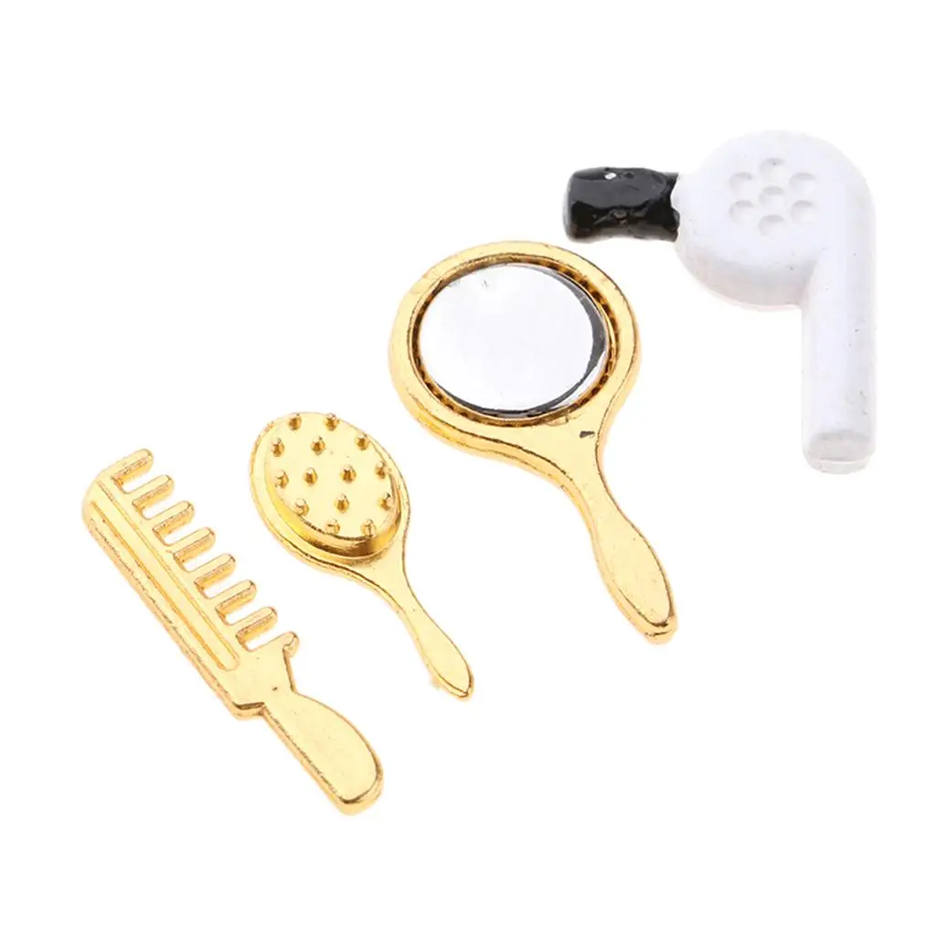 

1/12 Dollhouse Miniature Practical Bathroom Accessories Comb Hair Dryer Mirror Model Dolls House Furniture Decoration 4 Pieces