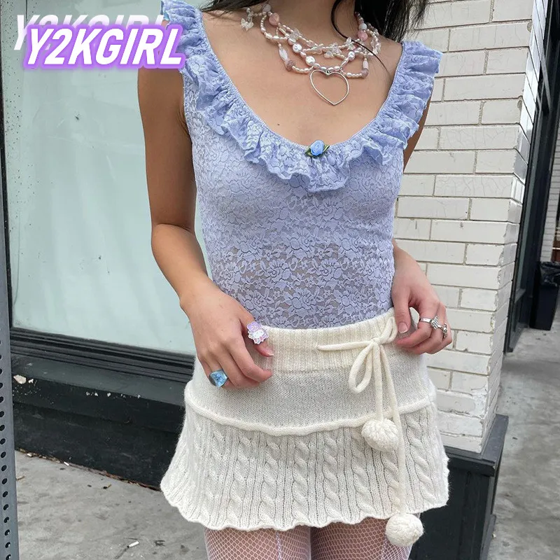 Y2KGIRL сексуальные кружевные винтажные женские короткие топы без рукавов с