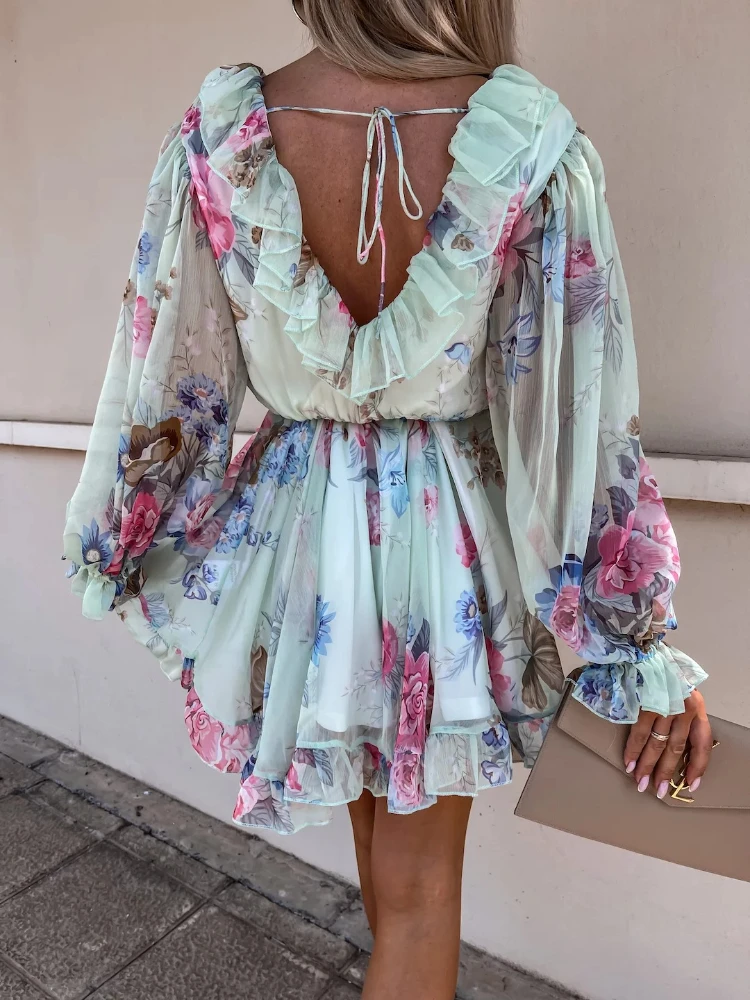 

Casual Loose Short Vestido Feminino Spring Summer 2022 Sweet Dresses Women Sexy Ruffles V-Neck Print Long Sleeve Dress