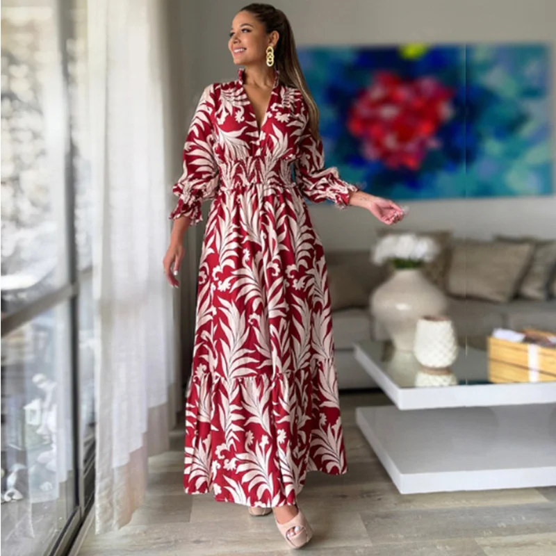 

Women Long Sleeve Dress Boho Floral Casual Loose Maxi Dress Vintage Elastic Waist Big Swing A-Line Long Dress Vestidos De Mujer