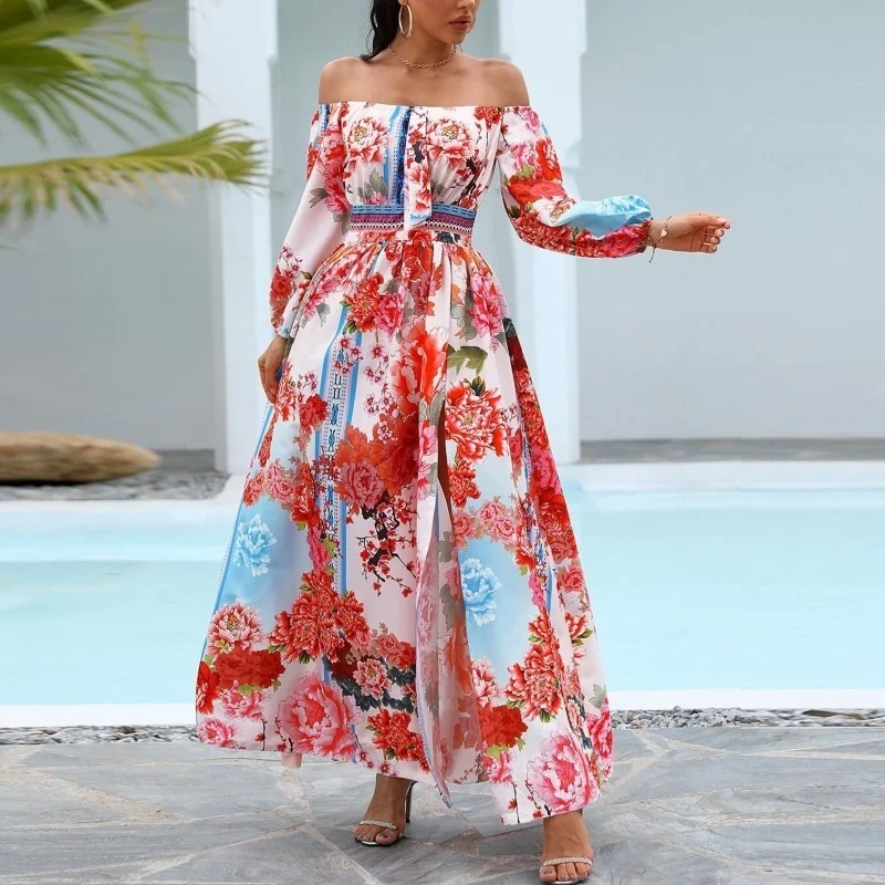 African Long Maxi Dress Women's Flower Print Slash Neck Off The Shoulder Backless Daily Evening Party Dress African Dresses
