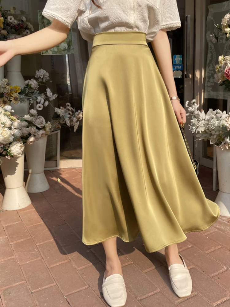 

Mozuleva Elegant Solid Women Satin Skirts Elastic Waist Ladies A-line Skirts 2022 Spring Summer