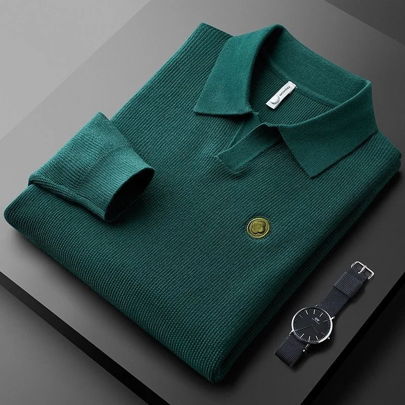 

luxury Premium autumn and winter warm Lapel long sleeve t-shirt men's slim top high-end fashion embroidery knitted sweater men