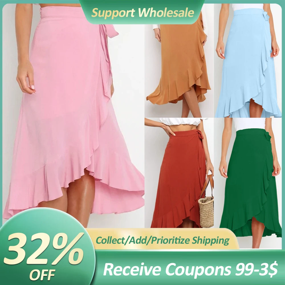 

Solid Color Maxi Skirt Lace Up Summer Lightweight Skirts Irregular Flowy Skirts Asymmetric Wrap for Women Summer Party