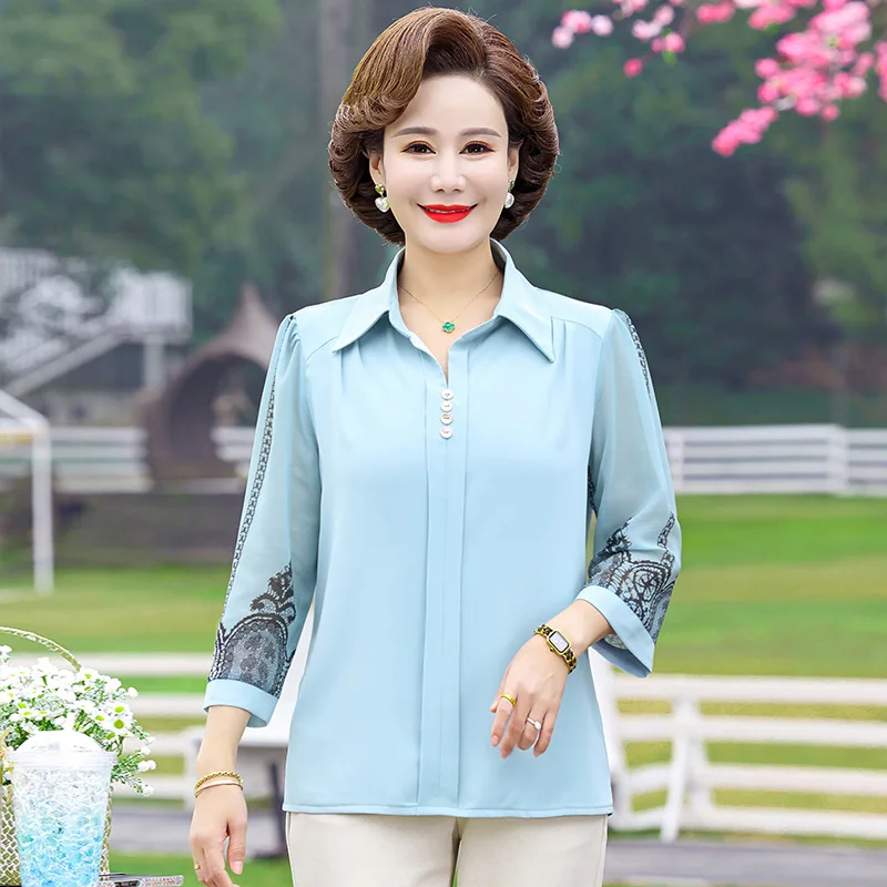 

Spring Summer New Women'S Chiffon Top Three Quarter Sleeve 40-50 Year Old Middle Aged Mom Oversized Pullover Shirt & Blouse