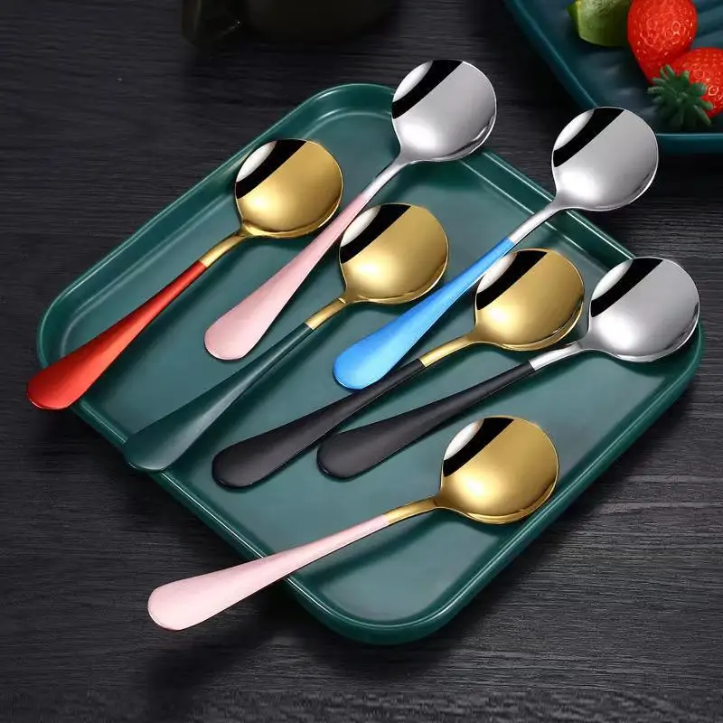 

17cm Stainless Steel Round Spoon Cute Dessert Spoon Coffee Children's Golden Silver Kitchen Soup Spoon