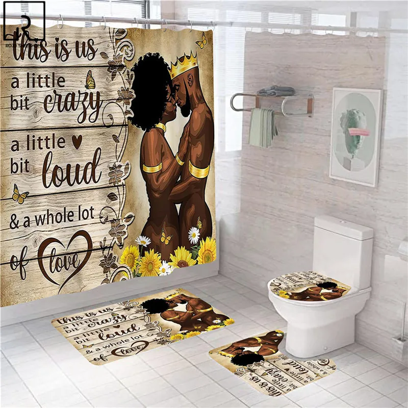 Black Couple Print Shower Curtain Sexy Women Bathroom Curtains Bathtub Partition Rugs Toilet Mat Set Lovers Day Home Decoration