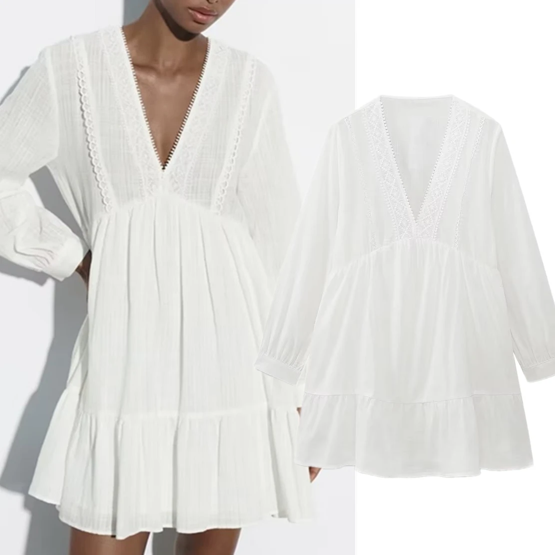 

Elmsk Bohemian Style Indie Folk Cotton Lace Retro Embroidery Hollow V Neck Loose Cotton Dress for Women