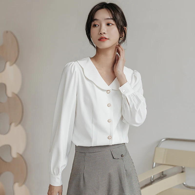 

COIGARSAM Shirt Womens Tops Spring 2022 New French Style Puff Sleeve Peter Pan Collar Women Shirts Dropshipping