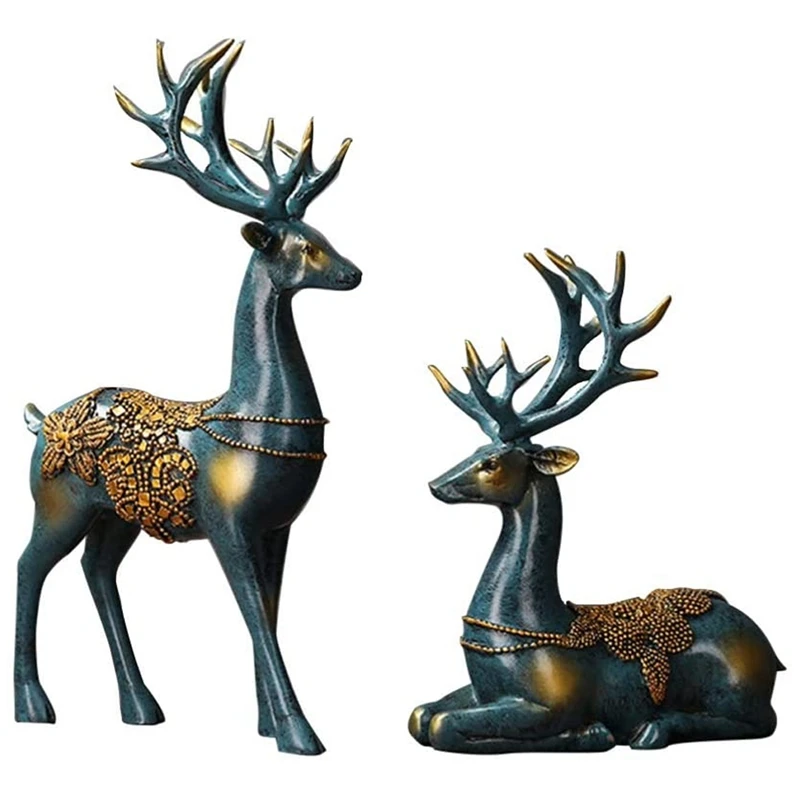 

2Pcs Holiday Reindeer Decor Reindeer Resin Sculpture Deer Figurine Statue Deer Figurine Collection Couple Deer Ornament