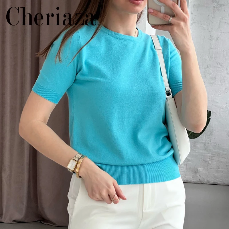 2022Spring Summer New Women's Yellow Knit Pullover T-shirt Casual Multicolor Crew neck Basic Short sleeve Slim fit Female Tops