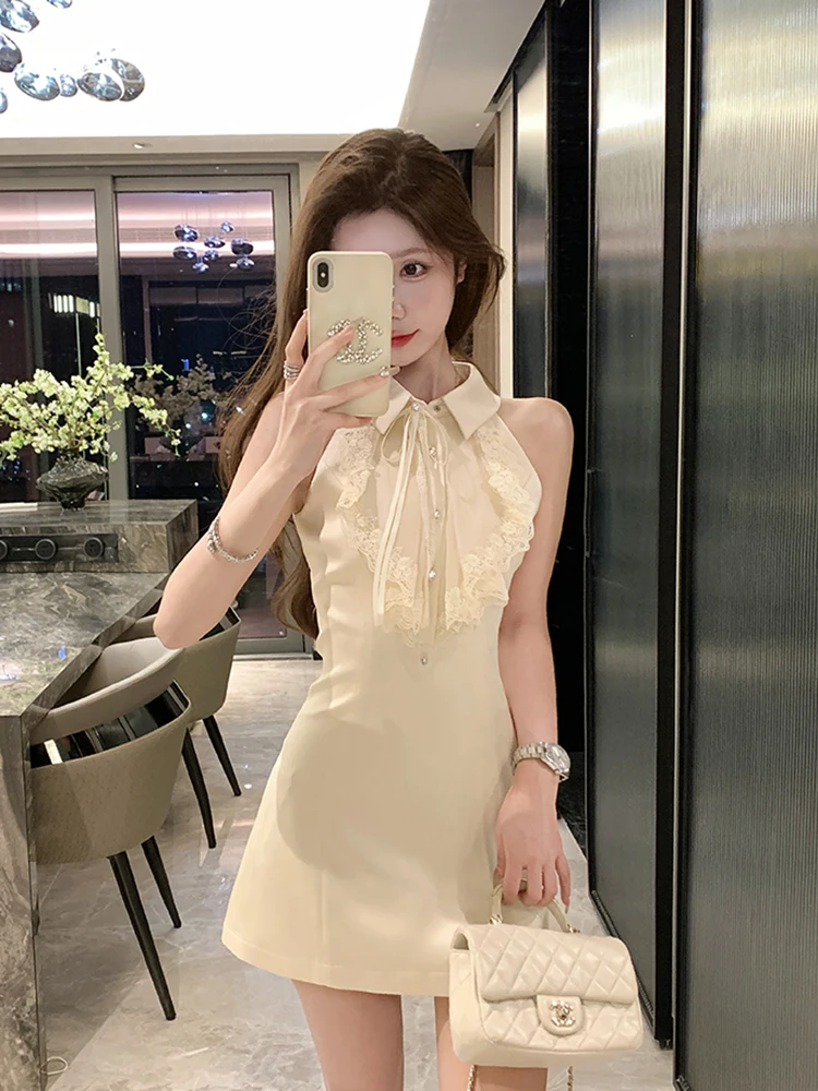 Французское кружевное платье без рукавов с подвесным воротником женское летнее