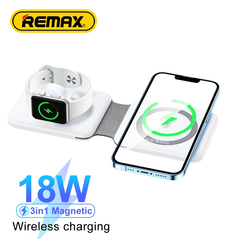 

Магнитное Беспроводное зарядное устройство Remax 3 в 1, 18 Вт, складная подставка для быстрой зарядки телефона, портативное складное Беспроводн...